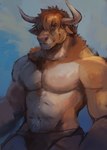 2_horns anthro biped brown_body brown_eyes brown_fur clothed clothing curved_horn fur horn looking_at_viewer male male_anthro muscular muscular_anthro muscular_male pecs pink_nose solo underwear underwear_only notsophatmatt bovid bovine cattle highland_cattle mammal 2024 hi_res