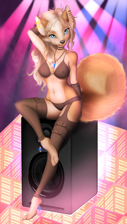 anthro blue_eyes bra breasts clothed clothing erect_nipples female jewelry looking_at_viewer necklace nightclub nipples panties rave skimpy solo speaker underwear celeste_(artist) canid canine mammal hi_res
