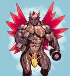 abs accessory anthro barazoku biceps big_bulge big_muscles big_pecs big_penis blue_background bodily_fluids bulge clothed clothing cock_ring dripping dumbbell erection erection_under_clothing exercise genital_fluids genitals horn huge_muscles humanoid_genitalia humanoid_penis jewelry male muscular muscular_anthro muscular_male narrowed_eyes navel nipples non-mammal_nipples obliques pecs penis penis_accessory penis_jewelry precum precum_through_clothing precum_through_thong precum_through_underwear scales simple_background solo standing sweat tenting thong topless topless_anthro topless_male underwear vein veiny_muscles veiny_penis weightlifting weights wet wet_body wet_clothing workout purplebirdman mythology tiramisu_(kuroma) dragon mythological_creature mythological_scalie scalie 2022 hi_res