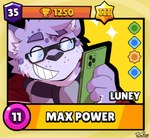 anthro cheek_tuft electronics eyes_closed eyewear facial_spots facial_tuft front_view fur glasses grin head_tuft holding_object holding_phone male markings phone purple_body purple_fur purple_spots smile solo sparkles spots spotted_body spotted_face spotted_fur tuft wearing_glasses pache_riggs brawl_stars supercell_(company) felid mammal bust_portrait hi_res portrait