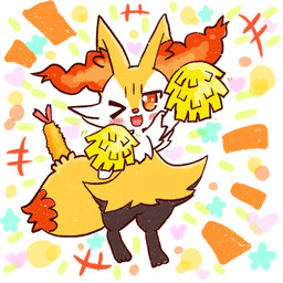 3_toes abstract_background ambiguous_anthro ambiguous_gender anthro arm_tuft black_body black_fur blush cheek_tuft cheering cheerleading_pose chest_tuft dipstick_tail emanata facial_tuft feet food front_view fur hip_tuft inner_ear_fluff looking_at_viewer markings multicolored_body multicolored_fur no_pupils nude_ambiguous nude_anthro object_in_tail on_one_leg one_eye_closed open_:3 open_mouth open_smile orange_body orange_eyes orange_fur orange_inner_ear_fluff orange_nose orange_tail_tip pointy_ears pom_poms prick_ears shoulder_tuft shrimp_(food) smile solo standing tail tail_markings toes tuft two_tone_tail white_body white_fur yellow_body yellow_fur yellow_tail annyui0611 nintendo pokemon braixen canid generation_6_pokemon mammal pokemon_(species) 1:1 2021 cel_shading colored digital_drawing_(artwork) digital_media_(artwork) full-length_portrait hi_res japanese_description portrait shaded translated_description