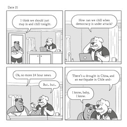 anthro belly biped bottomwear clothing computer dot_eyes duo electronics hug humanoid_hands male overweight overweight_male shirt shorts simple_eyes text topwear lukehealy canid canine canis domestic_dog mammal 1:1 2023 comic english_text hi_res