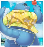 aloha_shirt anthro beverage blue_body blush butt clothing eyebrows eyewear glasses jockstrap looking_back male pattern_clothing pattern_shirt pattern_topwear rear_view shirt solo tail thick_eyebrows thick_tail topwear underwear natsuhakoura tamacolle kii_(tamacolle) baleen_whale blue_whale cetacean mammal marine whale