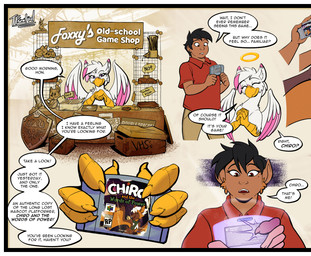 anthro black_hair bottomwear brown_body brown_bottomwear brown_clothing brown_eyes brown_fur brown_pants claws clothing dialogue duo electronics feathers female fur game_console gender_transformation hair halo human_to_anthro male mental_transformation mtf_transformation multicolored_body multicolored_feathers n64_cartridge n64_console pants pink_body pink_feathers purple_eyes red_clothing red_shirt red_topwear shirt simple_background species_transformation store topwear transformation video_game_reference white_body white_feathers tf-sential mythology nintendo nintendo_64 ace_(acesential) fan_character avian bat gryphon human mammal mythological_avian mythological_creature comic hi_res