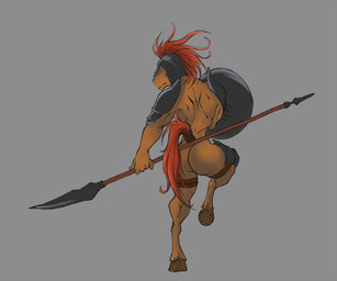 anthro armor hair headgear helmet male melee_weapon mohawk muscular muscular_male polearm red_hair shield solo spear weapon cryphalen equid equine horse mammal