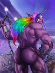 anthro back_muscles butt clothing hair male multicolored_hair rainbow_hair solo standing underwear cryingfatcat vainglory felid feline mammal hi_res