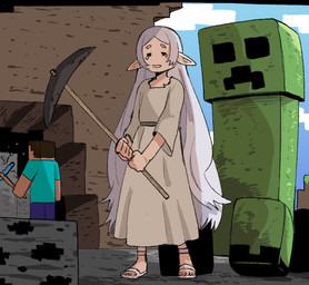 ambiguous_gender clothing coal dress ears_down eyebrows eyes_closed feet female footwear group hair humanoid_pointy_ears long_hair male not_furry pickaxe pivoted_ears pointy_ears sandals shoes trio white_hair wanderjegson frieren_beyond_journey's_end microsoft minecraft mojang xbox_game_studios frieren steve_(minecraft) creeper_(minecraft) elf humanoid 2026