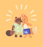 2020 animal_crossing anthro apron belly blue_apron blue_clothing bottomwear brown_body brown_fur canid canine cinderoo clothing crazy_redd duo embrace eyes_closed footwear fox fur hi_res hug male mammal nintendo overweight overweight_male raccoon_dog sandals shirt shorts simple_background tanuki tom_nook_(animal_crossing) topwear