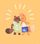 anthro apron belly blue_apron blue_clothing bottomwear brown_body brown_fur clothing duo eyes_closed footwear fur hug male overweight overweight_male sandals shirt shoes shorts simple_background topwear cinderoo animal_crossing nintendo crazy_redd tom_nook_(animal_crossing) canid canine fox mammal raccoon_dog tanuki 2020 hi_res