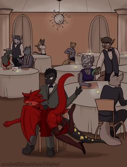 anthro being_watched butt butt_slap classy clothed clothing clothing_lift corporal_punishment dinner dominant dominant_anthro dominant_male dress dress_lift female group humiliation laying_on_lap looking_at_another male on_knee on_lap panties panties_down partially_clothed public public_exposure public_humiliation punishment red_body red_clothing red_dress red_panties red_scales red_underwear restaurant scales slap smacking_ass spanking submissive submissive_anthro submissive_female suit surprised underwear underwear_down waiter waitress_uniform babystar mythology setta_flamowitz animal_humanoid bovid canid canine canis caprine domestic_cat dragon dragon_humanoid felid feline felis humanoid mammal mythological_creature mythological_scalie scalie sheep wolf