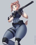 anthro as_val bottomwear bulge clothing female gun lidded_eyes ranged_weapon simple_background smile solo text topwear weapon year mr-shin 2022 4:5 artist_name digital_media_(artwork) hi_res