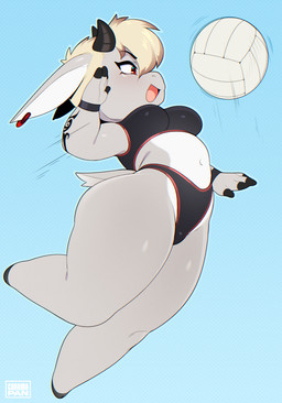 anthro athletic athletic_anthro athletic_female ball breasts chibi clothing female fur hair horn open_mouth piercing simple_background smile solo sport swimwear tattoo volleyball volleyball_(ball) chromapan vasira bovid caprine goat mammal 2023 digital_media_(artwork) hi_res