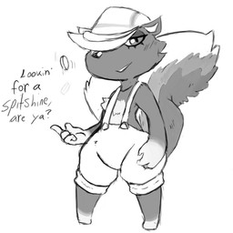 anthro bangs bedroom_eyes bottomwear chest_tuft clothed clothing coin dirty_talk eyelashes femboy flat_cap hair hair_over_eye half-closed_eyes hat headgear headwear innuendo inviting looking_at_viewer male narrowed_eyes one_eye_obstructed overalls seductive shorts simple_background smile solo standing suggestive text thick_thighs topless tuft wide_stance roy_mccloud animal_crossing nintendo kicks_(animal_crossing) mammal mephitid skunk striped_skunk 1:1 2017 digital_media_(artwork) english_text monochrome