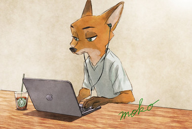 anthro brown_body brown_fur clothed clothing computer container cup drinking_straw electronics fur laptop shirt solo t-shirt topwear v-neck v-neck_shirt monmokamoko disney starbucks zootopia nick_wilde canid canine fox mammal red_fox true_fox 2019 hi_res