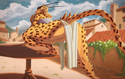 anthro bent_legs bottomwear butt chest_wraps clothing eyebrows female furniture loincloth long_eyebrows presenting presenting_hindquarters seductive solo table thick_thighs wraps hiverdose last_fables lieren_(last_fables) felid leopard mammal pantherine hi_res