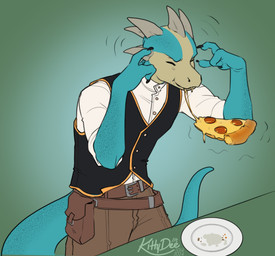 anthro belt belt_pouch blue_body bottomwear clothed clothing food head_spikes levitating levitating_object lizard_tail male pants pizza pizza_slice plate shirt simple_background solo spikes spikes_(anatomy) tail tan_body telekinesis topwear vest kittydee epic_games levitating_pizza unreal_(series) rammaris_(maaarked_one) alien gen_mo'kai lizard reptile scalie 2024 digital_media_(artwork) meme