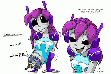 bite biting_lip biting_own_lip black_eyes clothing female fingerless_gloves gloves grey_body grey_skin hair handwear lips machine not_furry purple_hair self_bite solo suggestive text unknown_artist robot 3:2 english_text source_request