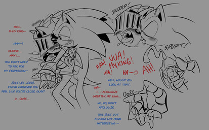 anthro armor blush bodily_fluids clothing cum cum_on_hand cumshot dialogue duo ejaculation eyes_closed fangs gauntlets genital_fluids genitals gloves handjob handjob_from_behind handwear humanoid_genitalia humanoid_penis king knight licking male male/male neck_lick penile penis royalty sex smile tail teeth text tongue tongue_out warrior somedivs sega sonic_the_hedgehog_(series) shadow_the_hedgehog sonic_the_hedgehog eulipotyphlan hedgehog mammal 2023 english_text hi_res line_art
