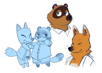 anthro belly brown_body brown_fur chibi duo fur grin hug male male/male sharp_teeth slightly_chubby smile teeth reindeercurt animal_crossing nintendo crazy_redd tom_nook_(animal_crossing) canid canine fox mammal raccoon_dog tanuki absurd_res hi_res