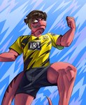 abstract_background amber_eyes anthro bottomwear brown_hair clothing fingers hair long_tail male red_body red_scales scales sharp_teeth short_hair shorts smile snout soccer_uniform solo sportswear tail teeth uniform banco borussia_dortmund cavemanon_studios puma_(company) snoot_game diego_(ddd) fan_character dinosaur prehistoric_species reptile scalie 2024 digital_drawing_(artwork) digital_media_(artwork)