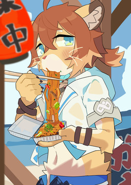 anthro beach blush chopsticks claws clothed clothed_anthro clothed_male clothing cloud day eating finger_claws food fur hair kemono male male_anthro navel noodles outside sea sky solo text water whiskers young young_anthro young_male aya_tsuji cygames world_flipper teo_(world_flipper) felid mammal pantherine tiger 2024 absurd_res digital_media_(artwork) hi_res japanese_text translation_request