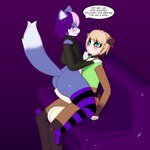 1:1 3d_(artwork) anthro balls big_balls blonde_hair blue_eyes blush brown_body brown_fur butt canid canine canis choker clothing dialogue digital_media_(artwork) dipstick_tail duo english_text eye_contact femboy footwear foreskin fur furniture genitals grinding hair hi_res humanoid_genitalia humanoid_penis ikugo_(artist) ikugo_(character) jewelry kiki_(nedoiko) legwear looking_at_another male male/male mammal markings necklace pattern_clothing pattern_footwear pattern_legwear pattern_socks penis purple_body purple_fur raccoon_dog sitting socks sofa speech_bubble striped_clothing striped_footwear striped_socks stripes tail tail_markings tanuki teasing text wolf