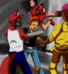 action_pose anthro baseball_bat bat_(object) bent_leg black_hair cosplay extended_leg eyes_closed female fight flying_kick group hair kick knee_pads male midair pink_hair pose red_hair standing straight_leg tail weapon wide_stance ilusien sega sega_genesis streets_of_rage axel_stone blaze_fielding rydian canid canine human mammal