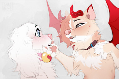 bangs bell bell_collar blush blush_lines cheek_tuft claws collar cute_fangs duo eye_contact eyelashes facial_tuft fangs female female/female feral fur grey_eyes hair holding_face horn long_ears looking_at_another markings membrane_(anatomy) membranous_wings mole_under_eye open_mouth orange_hair pawpads pink_collar pink_nose pink_pawpads red_horn short_hair simple_background tan_body tan_fur teeth tuft white_body white_claws white_fur white_markings wings azzai bird_dog canid canine canis dasyurid dasyuromorph domestic_dog hunting_dog mammal marsupial spaniel tasmanian_devil 3:2 colored colored_sketch digital_drawing_(artwork) digital_media_(artwork) flat_colors sketch
