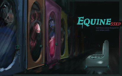 ambiguous_gender black_background black_hair chair feral furniture group hair pink_body quadruped red_eyes reflective_floor reins science_fiction simple_background text 64k draft_horse equid equine horse mammal english_text hi_res story story_in_description