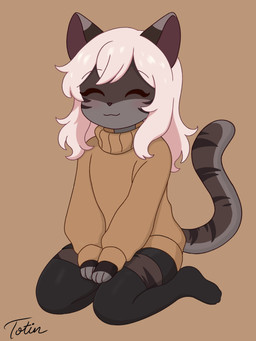 anthro blush bottomwear cat_tail clothing female fur hair kneeling legwear simple_background skirt smile solo striped_body striped_fur stripes sweater thigh_highs topwear white_hair young young_anthro totingl_746 amalia_(claralaine) domestic_cat felid feline felis mammal 3:4 hi_res