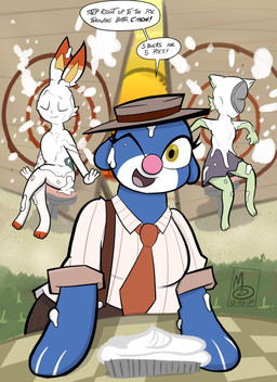 accessory amusement_ride anthro barker belly blue_body blue_fur booth booth_(structure) bottomwear breasts carnival_game clothed clothing dessert dress eyelashes eyes_closed female food front_view frosting fur grass green_body group hat headgear headwear looking_at_viewer messy necktie one_eye_closed open_mouth paws pie_(food) pie_in_face pinstripes plant roller_coaster slightly_chubby slightly_chubby_female slim smile sunset suspenders text throwing_food topwear trio wam white_body white_fur wink winking_at_viewer yellow_eyes sebaku game_freak nintendo pokemon aquatic domestic_cat felid feline felis generation_7_pokemon generation_8_pokemon generation_9_pokemon lagomorph leporid mammal pinniped pokemon_(species) popplio rabbit scorbunny sea_lion seal sprigatito absurd_res digital_media_(artwork) english_text hi_res huge_filesize