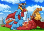 anthro anthro_on_anthro blue_body blue_feathers bodily_fluids cum cum_covered duo feathers genital_fluids genitals humanoid_genitalia humanoid_penis male male/male messy on_top on_top_of orange_body orange_skin penis tail pandarita bushiroad future_card_buddyfight mythology drum_bunker_dragon qinus_axia dragon mythological_creature mythological_scalie scalie absurd_res hi_res