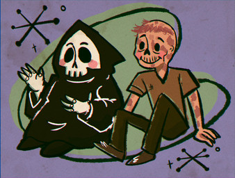 abstract_background ambiguous_gender black_clothing bone bottomwear brown_clothing brown_shirt brown_t-shirt brown_topwear clothing duo footwear gesture googie_aesthetic hair missing_nose not_furry pants red_hair shirt shoes sitting skeleton smile t-shirt topwear upa_style wearing_cloak nuclearconsole fallout microsoft death_(personification) grim_reaper animated_skeleton ghoul_(fallout) humanoid undead