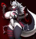 anthro areola big_areola big_breasts black_body black_clothing black_fur black_legwear black_thigh_highs black_thong black_underwear breasts camel_toe clothed clothing curvy_figure female fluffy fluffy_tail fur grey_body grey_fur grey_hair hair hourglass_figure huge_breasts legwear looking_at_viewer multicolored_body multicolored_fur nipples pink_areola red_sclera simple_background skimpy solo tail thick_thighs thigh_highs thong two_tone_body two_tone_fur underwear white_body white_eyes white_fur wide_hips maned_kitsune helluva_boss marvel marvel_rivals mythology loona_(helluva_boss) malice_loona_(mangakitsune2) canid canid_demon canine demon hellhound mammal mythological_canine mythological_creature 2025 hi_res