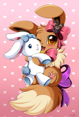 accessory alternative_fashion bell bell_bow bow_(feature) bow_accessory bow_ribbon brown_body brown_eyes brown_fur decorated_bow duo eyelashes female feral fur furgonomics hair_accessory hair_bow hair_ribbon heart_background heart_catchlight heart_eyes heart_pattern heart_symbol holding_object holding_plushie j-fashion neck_bow one_eye_closed open_mouth pattern_background pawpads plushie ribbons simple_background smile tail tail_accessory tail_bow tail_ribbon wink pridark nintendo pokemon fan_character gracie_(sweetcupcake) eevee eeveelution generation_1_pokemon generation_2_pokemon lagomorph leporid mammal pokemon_(species) rabbit umbreon 2019 absurd_res hi_res