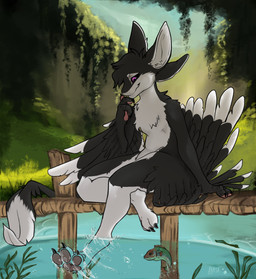3_fingers 3_toes 4_ears amazing_background ambiguous_gender anthro biped black_body black_claws black_feathers black_finger_claws black_fur black_hair black_hands black_sclera black_tail black_toe_claws black_wings bridge chest_tuft claws closed_smile cloud countershade_face countershade_fur countershade_torso countershading day detailed_background digitigrade feathered_wings feathers feet feral finger_claws finger_on_chin fingers foot_focus forest fur grass hair inner_ear_fluff light light_beam long_tail looking_down mouth_closed multi_ear multicolored_body multicolored_feathers multicolored_fur multicolored_tail nature nature_background nude nude_anthro outside partially_submerged pawpads paws pink_pawpads plant purple_eyes seaweed sitting sky smile solo splashing_water spread_toes sunbeam sunlight tail tail_feathers tail_tuft text toe_claws toes tree tuft tufted_fur underwater_view water white_body white_countershading white_feathers white_feet white_fur white_inner_ear white_tail winged_arms wings ibisi fyr_(fenrir784) ambient_fish ambient_sealife avali avian bird 2026 absurd_res artist_name colored detailed digital_drawing_(artwork) digital_media_(artwork) english_text hi_res shaded signature simple_shading