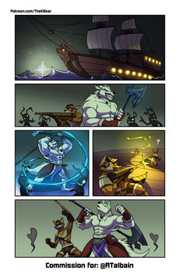 anthro axe battle_axe electricity elemental_manipulation fight gun holding_object holding_weapon male male_anthro ranged_weapon ship size_difference surrounded text vehicle water watercraft weapon thekinkybear kingdom_hearts square_enix alexander_talbain canid canine canis heartless mammal procyonid raccoon wolf absurd_res comic hi_res url
