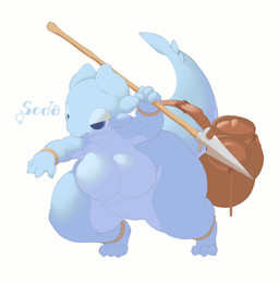 3_toes 4_fingers anklet anthro belt bent_legs biped blue_body blue_eyes blue_tail bracelet breasts container featureless_breasts featureless_crotch feet female fighting_pose fingers front_view half-closed_eyes holding_object holding_weapon huge_thighs jewelry melee_weapon monotone_body narrowed_eyes non-mammal_breasts nude nude_female polearm pose simple_background solo spear tail text thick_thighs toes weapon white_background wide_hips white_slime_(artist) soda_(white_slime) kobold scalie 2026 character_name digital_drawing_(artwork) digital_media_(artwork) hi_res