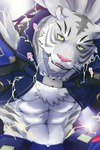 abs anthro body_hair chest_hair electricity fur green_sclera grey_body grey_fur hair male multicolored_body multicolored_fur muscular muscular_anthro muscular_male pink_nose red_eyes solo striped_body striped_fur stripes tied_hair two_tone_body two_tone_fur white_body white_fur debirobu cygames world_flipper nimbus_(world_flipper) felid mammal pantherine tiger 2021 absurd_res colored hi_res