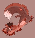 anthro autumn autumn_leaves big_tail biped butt claws fallen_leaves feet hair hindpaw leaf looking_at_viewer lying male nude on_front pawpads paws simple_background solo tail toe_claws caninelove canid canine mammal 2018 digital_media_(artwork)