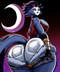 anthro beak big_butt bottomwear butt butt_focus clothed clothing female fur grimoire hair huge_butt looking_at_viewer looking_back male presenting presenting_hindquarters rear_view red_eyes shorts smile solo tail thick_thighs wide_hips doeswhatever hellaverse helluva_boss stolas_(helluva_boss) avian bird demon owl owl_demon 2026 absurd_res digital_media_(artwork) hi_res