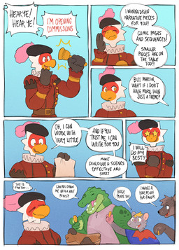 advertisement anthro beak belt black_clothing black_hat black_headwear black_nose black_text blonde_hair blue_background blue_eyes blush blush_lines bodily_fluids brown_belt clothed clothing coat coin dialogue excited explicit_text eyes_closed feathers fur green_body green_scales grey_body grey_clothing grey_fur grey_shirt grey_topwear group hair hat hat_feather headgear headwear holding_bell holding_coin holding_object holding_paper humor loose_feather male medieval_clothing open_beak open_mouth open_smile paper pink_nose pink_tongue red_clothing red_coat red_text red_topwear ringing_bell ruff_(clothing) scales shirt simple_background sleeveless_shirt smile speech_bubble star_eyes sweat sweatdrop text thought_bubble tongue topwear town_crier white_body white_feathers yelling yellow_beak yellow_eyes martindosent martin_(martindosent) accipitriform avian bird canid canine crocodilian mammal murid murine rat reptile rodent scalie secretary_bird 2025 absurd_res clip_studio_paint_(artwork) comic digital_drawing_(artwork) digital_media_(artwork) english_text flat_colors hi_res