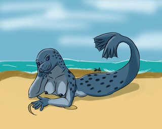 anthro beach blue_body blue_eyes breasts collarbone female mermaid_tail nipples outside sand seaside sky smile solo split_form water rommdan aquatic mammal merfolk pinniped seal absurd_res hi_res