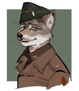 anthro blue_eyes brown_hair clothing coat fangs fur grey_body grey_fur hair hat head_tuft headgear headwear looking_aside male military_insignia pointy_ears side_cap side_view simple_background smile snout solo teeth topwear tuft whiskers white_body white_fur ddcrushh aldo_raine canid canine mammal bust_portrait digital_drawing_(artwork) digital_media_(artwork) hi_res portrait