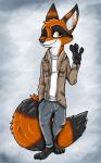 fur one_eye_closed orange_body orange_fur solo stripes wink yellow_eyes ziegelzeig bad_guy_cafe fan_character kiroyal_codjerva_(kiroyal) canid canine fox hybrid mammal procyonid raccoon