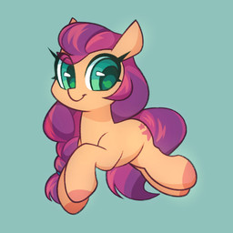 accessory braided_tail chibi cutie_mark eyelashes female feral green_eyes hair hair_accessory hooves multicolored_hair orange_body pink_hair pink_tail purple_hair purple_tail simple_background smile solo tail two_tone_hair two_tone_tail dodsie hasbro mlp_g5 my_little_pony sunny_starscout_(mlp) earth_pony equid equine horse mammal pony 1:1 2023 digital_media_(artwork) hi_res
