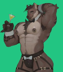 alcohol anthro areola armpit_hair armpit_tuft barazoku beverage body_hair bow_tie brown_body brown_fur brown_hair chest_tuft clothed clothing cocktail_glass collar container cuff_(restraint) cup drinking_glass ear_piercing ear_ring facial_piercing fingers front_view fur glass glass_container glass_cup green_background hair hand_behind_head happy_trail holding_glass holding_object humanoid_hands inner_ear_fluff lip_piercing lip_ring looking_at_viewer male muscular muscular_arms nipple_piercing nipples pecs piercing pose pubes restraints ring_piercing short_hair simple_background skimpy smile solo standing tan_body tan_fur tuft underwear wrist_cuffs yellow_eyes dry_skeleton canid canine mammal hi_res