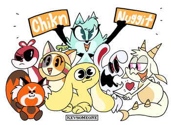 ambiguous_gender anthro big_ears blue_body blue_fur female feral fur group holding_object light_body light_fur male markings multicolored_body multicolored_fur tail tail_markings text yellow_body yellow_fur why2kz chikn_nuggit mythology cheezborger_(chikn_nuggit) chikn_nuggit_(chikn_nuggit) fwench_fwy_(chikn_nuggit) hawt_saus_(chikn_nuggit) iscream_(chikn_nuggit) slushi_(chikn_nuggit) sody_pop_(chikn_nuggit) ailurid arctic_fox canid canine canis domestic_cat domestic_dog dragon felid feline felis fox lagomorph leporid mammal mythological_creature mythological_scalie rabbit red_panda rodent scalie sciurid tree_squirrel true_fox 2022 digital_media_(artwork) english_text hi_res nonbinary_(lore)