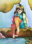 anthro barefoot blue_clothing blue_overalls brown_body brown_fur carrot clothed clothed_anthro clothed_female clothing eyewear feet female floppy_ears food fur glasses green_clothing green_eyes green_hair green_shirt green_topwear hair lake lily_pad lop_ears multicolored_body multicolored_fur nature overalls pattern_clothing plant rock shirt sitting sky solo spots striped_clothing stripes topwear tree tuft two_tone_body two_tone_fur vegetable vehicle water white_body white_fur eveiart kelly_hase domestic_rabbit lagomorph leporid lop_rabbit mammal oryctolagus rabbit 2024 absurd_res digital_drawing_(artwork) digital_media_(artwork) hi_res signature watermark