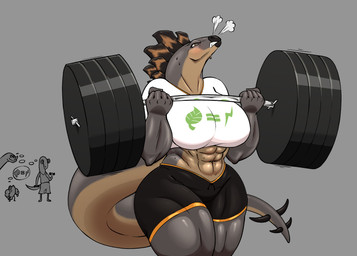 abs anthro barbell biped bodily_fluids bottomwear breasts clothed clothing exercise eyelashes female female_focus fingers glistening glistening_body group multicolored_body non-mammal_breasts pupils simple_background solo_focus spiked_tail spikes spikes_(anatomy) standing sweat tail thagomizer thick_thighs topwear weightlifting workout arttukorppu dinosaur ornithischian prehistoric_species reptile scalie stegosaurian stegosaurus thyreophoran hi_res